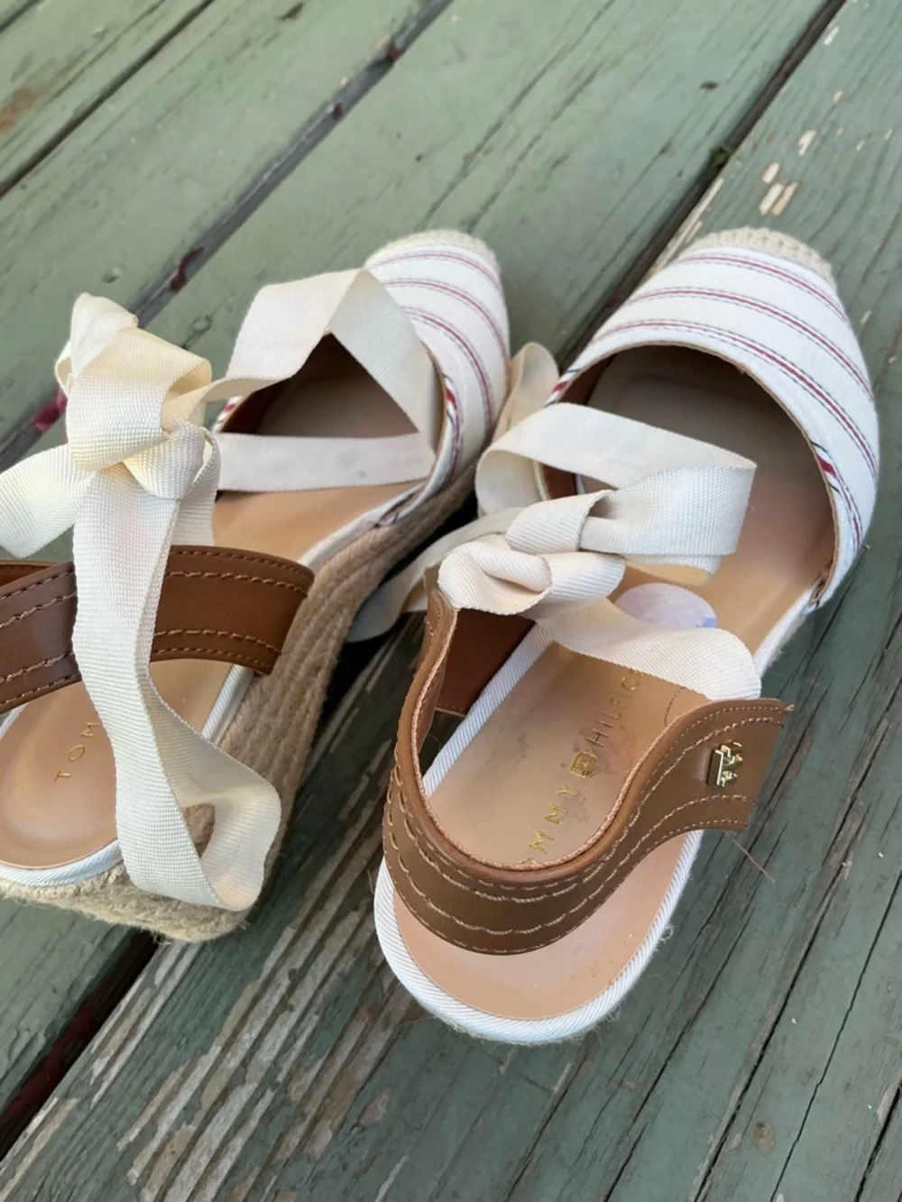 Tommy Hilfiger White Canvas Espadrille Wedges with Red Stripes